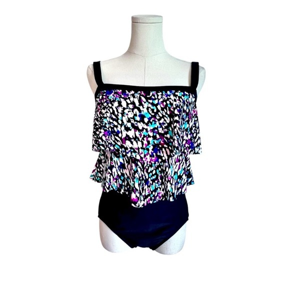 Rose Marie Reid NWT Colorful Ruffled One Piece Swimsuit Removable Straps Size 8 - Picture 1 of 14
